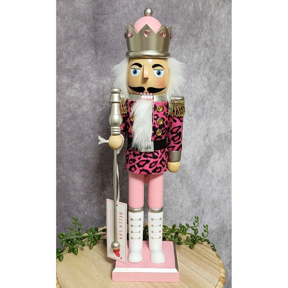 Bella Lux Nutcracker Figurine Pink Leopard Print King Crown Staff 14 Inch Decor‎